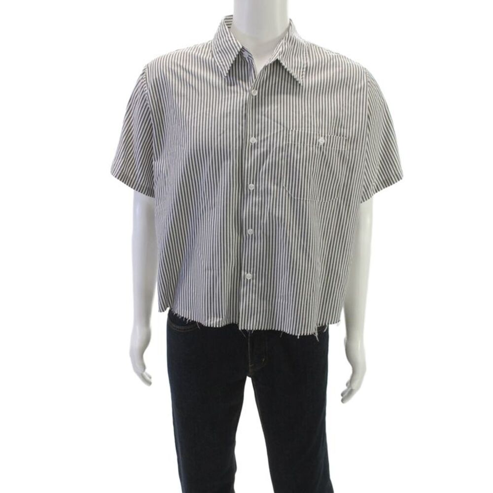 MNML Mens Cotton Striped Distress Short Sleeve Shirt Gray Size M